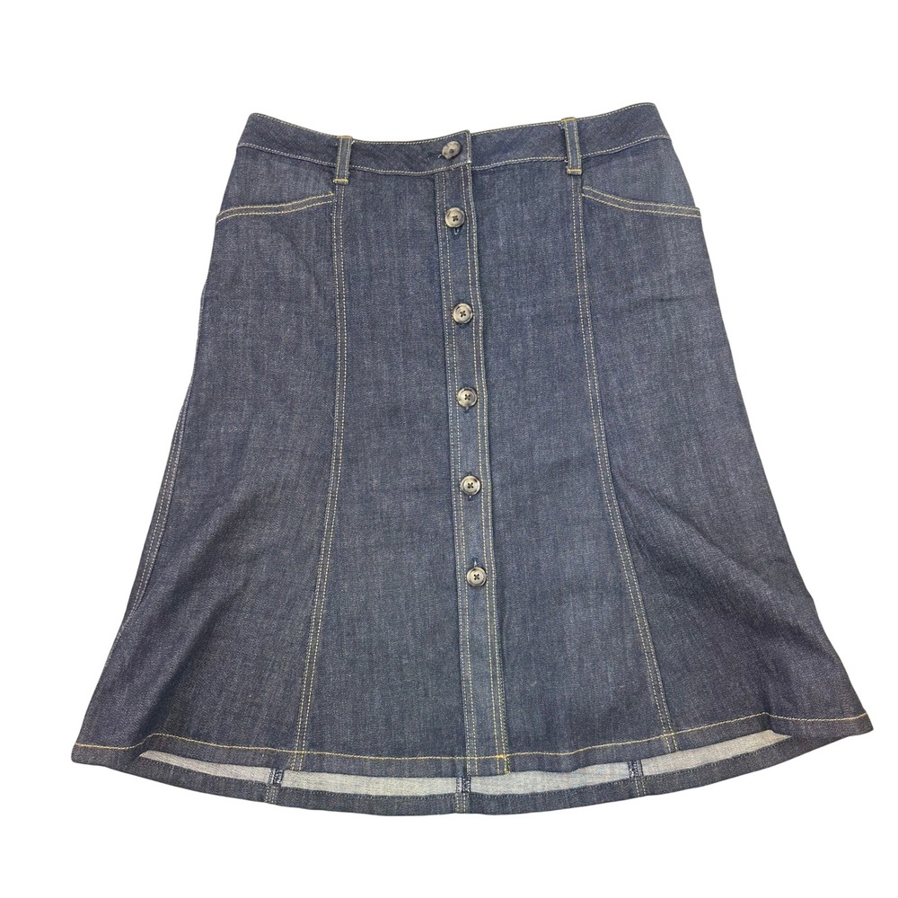 Ann Taylor Denim Skirt Dark Indigo Blue Button Front A-Line Western Knee Flare 8